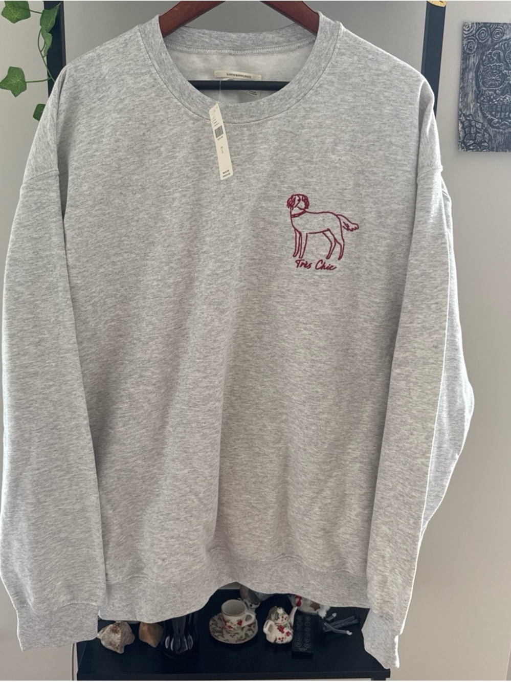 Anthropologie Heather Gray Crewneck Sweatshirt with Red Embroidery